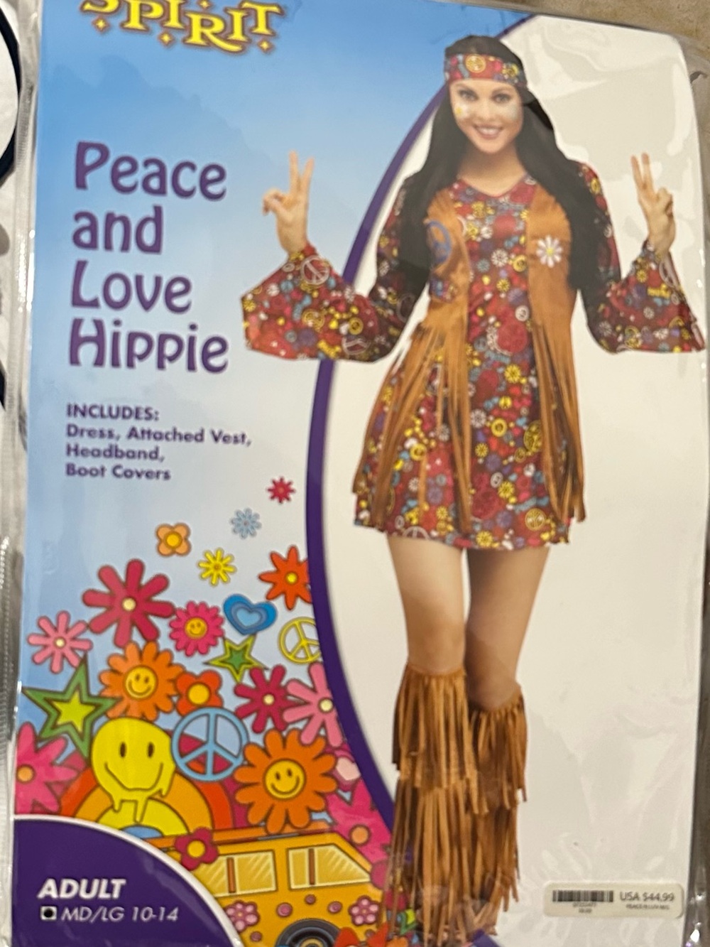 Spirit Peace and Love Hippie Costume - Brown Floral Dress with Fringe Vest